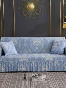 1pc Printed Ruffled Edge Full Coverage Elastic Sofa Cover, Stretchable One-Piece All-Around Sofa Protector, Living Room Home Decor, Machine Washable - Blue - View 4
