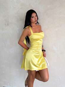 1pc Solid Color Sexy Knit Fabric Sleeveless Dress Beach Autumn - Yellow - View 3