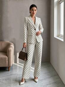 Women's Autumn/Winter Black & White Polka Dot Lapel Elegant Button Front Regular Sleeve Blazer Jacket And Pants 2 Pieces Set - White - View 4