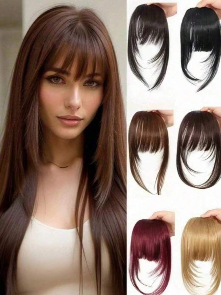 1pc Clip-In Bangs Hairpiece, Thin Tulle Fringe With Sideburns, Lightweight Realistic Straight Bangs With Invisible Hairline, Synthetic Fiber Natural Style Fake Bangs Hair Accessory, Suitable For Women And Girls Daily Wear - Multicolor - View 1