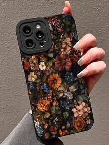 Women's Black Floral Soft Edge Anti-Drop Phone Case, Autumn/Winter Vibe, Daily Versatile, Compatible With Apple 18Pro/18ProMax/17/17Pro/17ProMax/16/16Pro/16Plus/16ProMax/15/15Pro/15ProMax/15Plus/14/14Pro/14ProMax/13/13Pro/13ProMax/12/12Pro/12ProMax/11/7/8, Suitable As Birthday Gift, Back To School Gift, Essential Women's Phone Accessory Daily Replacement Phone Case - Black - View 1