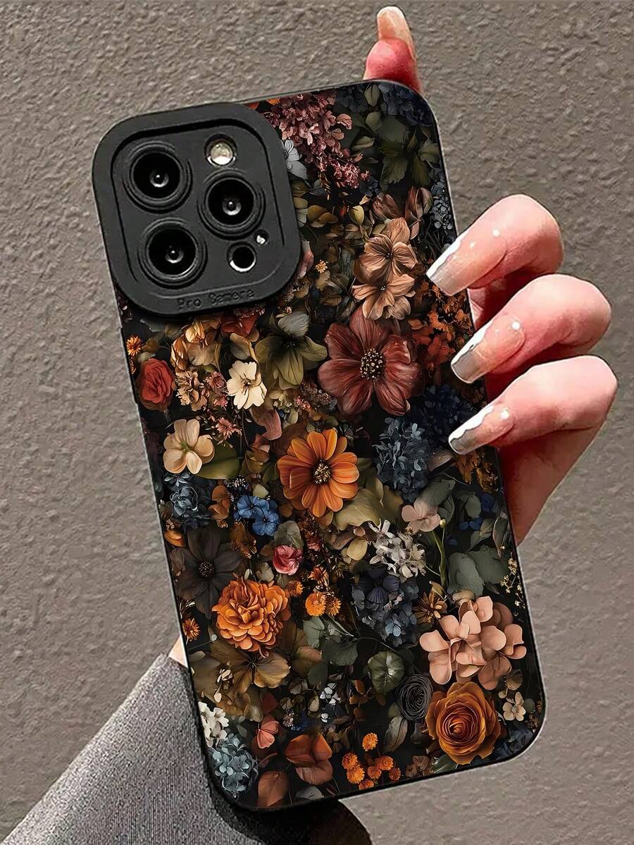 Women's Black Floral Soft Edge Anti-Drop Phone Case, Autumn/Winter Vibe, Daily Versatile, Compatible With Apple 18Pro/18ProMax/17/17Pro/17ProMax/16/16Pro/16Plus/16ProMax/15/15Pro/15ProMax/15Plus/14/14Pro/14ProMax/13/13Pro/13ProMax/12/12Pro/12ProMax/11/7/8, Suitable As Birthday Gift, Back To School Gift, Essential Women's Phone Accessory Daily Replacement Phone Case - Black - View 1