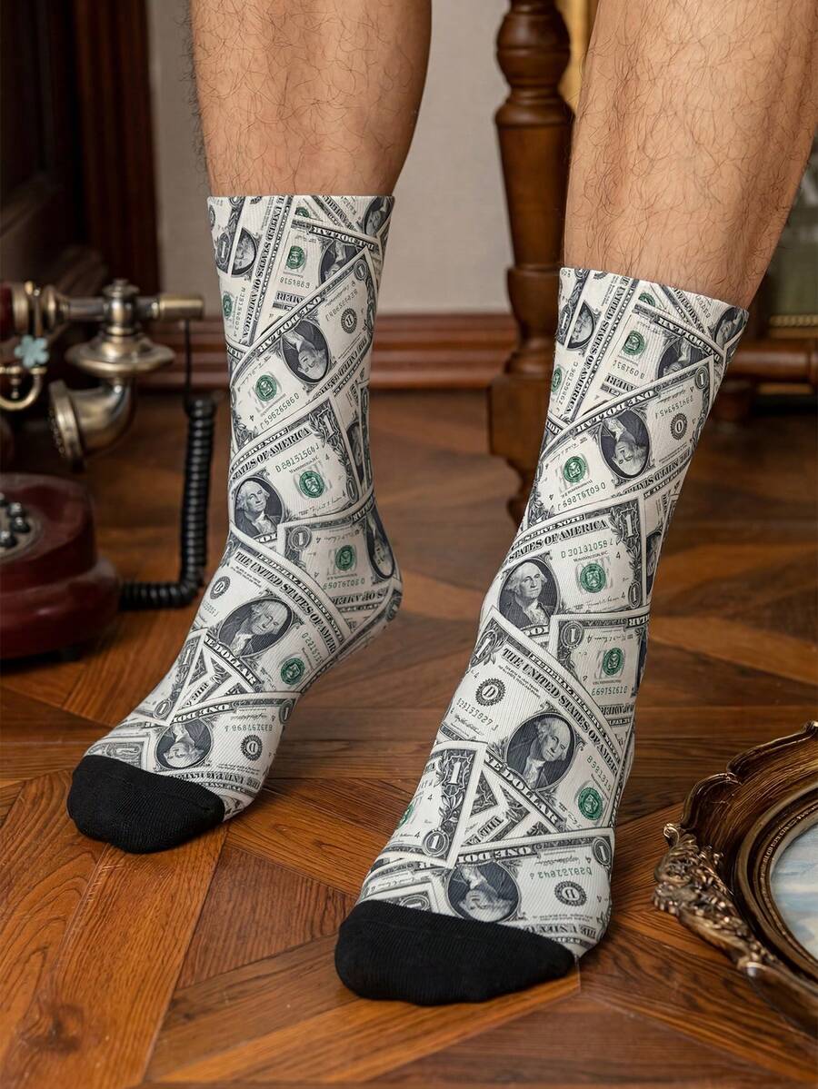 1/3 Pairs Dollar Bill (1 Dollar) Mid-Calf Socks, Men's Mid-Calf Socks ...