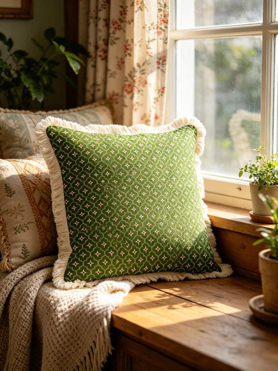 1PC French Printed Pillow Cover With Tassel Border, Double-Sided Decorative Pillowcase, Green Geometric Loop Design Pattern, Home Decoration, Sofa, Bed, Bedroom(Excluding Pillow Core)-Size Excludes 3cm Tassels - Multicolor - View 1
