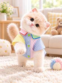 Olor Block Plaid Pet Shirt, Suitable For Small Cats And Dogs, Ruffle Peter Pan Collar Short Sleeve Button Front Puppy Kitten Outfit, Lightweight Pet Set - New Style - Multicolor - View 11