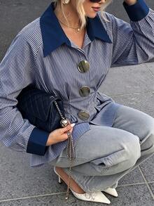 Blue Striped Colorblock Collar Shirt, Waist-Cinching Gold Button Blouse, Elegant Commuter Outfit - Multicolor - View 2