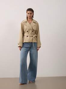 Women's Long Sleeve Collared Casual Belted Short Trench Coat - Light Khaki - View 5