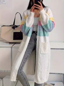 Just Masa Women's Fall Casual Colorblock Simple Basic Sweater Cardigan With Pockets,Long Sleeve Loose Rib-Knit Long Coat,For Daily Wear,Going Out - White - View 4