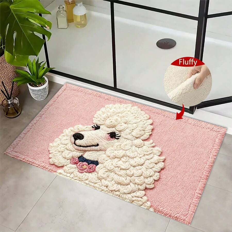 1pc Pink Poodle Dog Pattern Design Microfiber Bath Rug, Non‑Slip Soft Bathroom Mat, Water‑Absorbent Doormat, Machine Washable, Low Pile,TPR Backing,Knit Fabric,ForBedroom, Kitchen, Entryway Indoor Use, Accessories & Home Decor, Perfect New House Gift - A - View 1