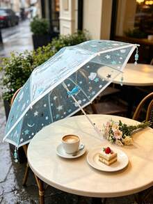 Super Cute Transparent Manual Folding Umbrella, Fresh Cat & Star Print, Comes With Hanging Decor. One-Click Open, Lightweight And Compact For Easy Storage. High Aesthetic Value, Perfect For Rainy Day Photos, Daily Commute, Cute Gift For Girls. - Umbrella - View 5