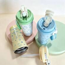 MINISO, Coffee Cup, Simple Polka Dot Bow Pattern, 500ml Stainless Steel Coffee Cup, With Straw, Portable Cup; Valentines Day Gift. - Mint Green - View 6