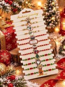 Christmas Beaded Charm Bracelet For Women With Snowflake, Christmas Tree, Snowman, Reindeer And Gingerbread Design, Red Green White Holiday Jewelry - Multicolor - View 6