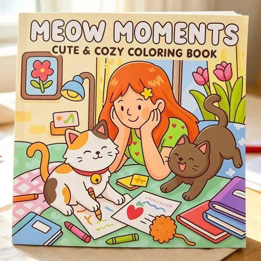 1 Adult Coloring Book Cute Cat Coloring Book, Meow Moments Cozy Girl & Kitten Daily Illustrations, Relaxing Hobby Coloring Sheets For Beginners - Multiple Styles - View 1
