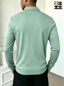 mulinsen Men's Solid Color Long Sleeve Polo Shirt, Casual Loose Fit Stretch Top, Simple Versatile Everyday Wear For Autumn/Winter - Green - View 4