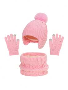 3pcs Kids Hat, Gloves And Scarf Set, Cable Knit Woolen Hat With Pom Pom, Warm Ear Protection For Boys And Girls, Autumn/Winter Warm Set - 3pcs - View 5