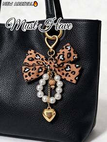 1pc New Leopard Print Fabric Bow Keychain, Sweet Faux Pearl Tassel Pendant With Gold Heart-Shaped Clasp, Key Ring, Car Bag Charm, Holiday Gift - Multicolor - View 8