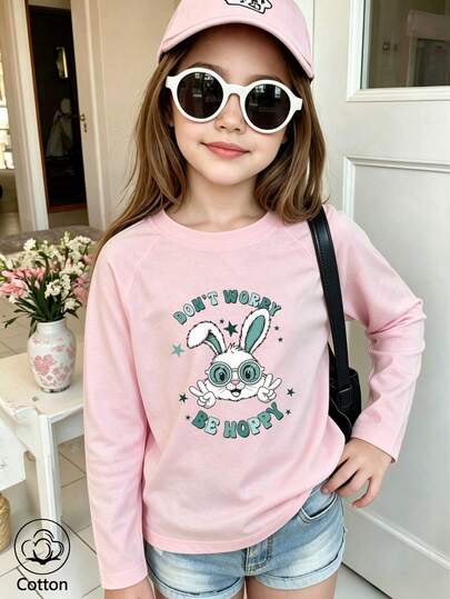 Camiseta de manga larga raglán de algodón para niñas, mangas largas para otoño e invierno, estampado de conejo de dibujos animados, texto "DON'T WORRY BE HAPPY", estilo lindo dulce femenino preppy
