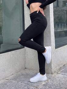 Women's Casual Sexy Distressed Skinny Jeans, Long Leg With Button Pocket Design - Black - View 5