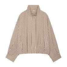 Women's Vintage Plaid Utility Shirt Jacket, Fashionable Stand Collar Slim Fit Outerwear - Khaki - View 6