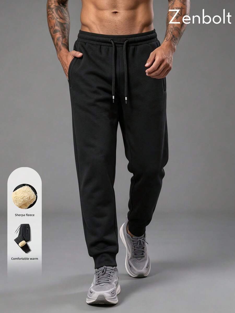 ZenBolt Winter Men's Casual Drawstring Cuffed Sweatpants, Elastic Waist Sport Joggers Tapered Track Pants With Zipper Pockets For Training - Black - View 1