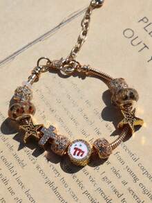 1pc Leopard Print Star Lucky Number 777 Charm Bracelet, Star Cross Bracelet, Cute Red Cherry Star Bracelet - Gold - View 6