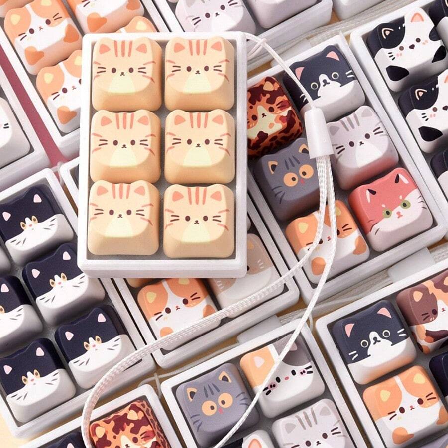 1pc Cat DIY Keyboard Keycap Keychain Accessory, Creative Keycap Pendant Charm, Portable Decorative Key Ring For Backpack, Handbag - Multicolor - View 1