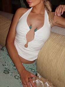 Women's Summer Vacation Beach Metal Sexy Ruched Halter Neck Crop Top White - White - View 6
