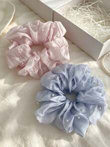 4/1pc New Women's Solid Color Soft Mesh Beaded Hair Scrunchie, Elegant & Versatile Ponytail Hair Accessory - Multicolor - View 2