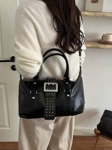 Women's Y2K Punk Style Faux Leather Rivet Buckle Decor Handbag, Vintage Gothic Large Capacity Crossbody Shoulder Bag, Suitable For Daily Streetwear - Black - View 3