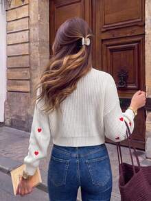 1pc Women's Spring/Summer Embroidered Sweater, Sweet Heart Pattern Knit Top, Casual Versatile Round Neck Long Sleeve Knitted Crop Top White - White - View 8