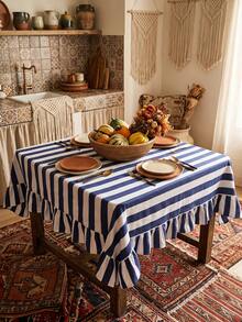 1pc Blue And White Wide Striped Tablecloth, Classic Country Style Fabric Material, Rectangular Double Layer With Ruffle Edge And Pleated Detail, Decorative And Functional For Home Kitchen, Dining Room And Daily Home Decor - Blue - View 4