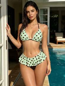 Atutua Sexy Polka Dot Print Halter Neck Bikini Set, Suitable For Beach Vacation In Summer - Mint Green - View 7