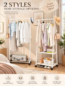 1pc White Rolling Garment Rack, Floor-Standing Open Wardrobe With Hanging Rod And Multi-Layer Storage Shelves, Large Capacity Clothing Organizer, Can Store Clothes, Shoes, Bags And Hats, Space-Saving Mobile Clothes Rack, Suitable For Bedroom, Dorm, Apartment, Entryway And Small Spaces, Minimalist Home Storage And Organization, Applicable For Spring, Summer, Autumn And Winter Home Storage, Random Style Shipment - Multicolor - View 2