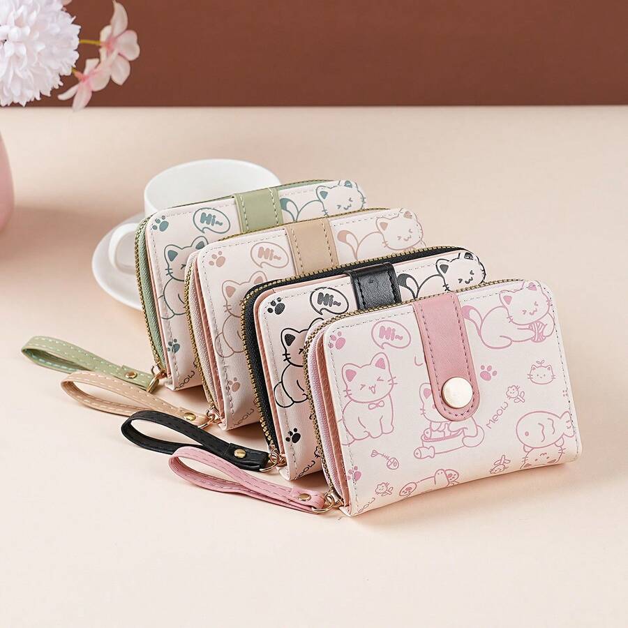 1pc Women's Mini Wallet, Cute Cat Pattern, Small Zipper Coin Purse With Multiple Card Slots And Wrist Strap - Lightweight And Portable, Can Hold Cash, ID Card And Coins, Large Capacity Short Wallet, Fashionable Cute Faux Leather Coin Purse, Suitable For Daily Use, Commuting To Work, Also An Ideal Gift For Friends And Family.