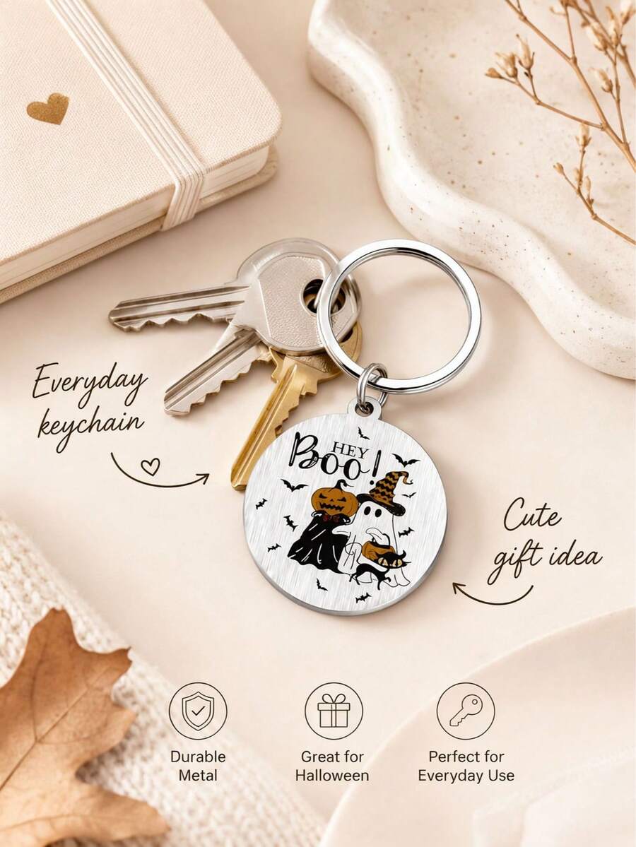 Cute Spooky Halloween Keychain, Hey Boo Ghost Pumpkin Double‑Sided Stainless Steel Bag Charm For Purse, Backpack, Christmas Gift For Spooky Lovers