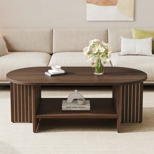 طاولة قهوة بيضاوية 100*49*35 سم من خشب MDF، طاولة غرفة المعيشة مع حجرة تخزين، طاولة جانبية، طاولة أريكة، طاولة قهوة، طاولة شاي، طاولة قهوة بتصميم مضلع حديث لغرفة المعيشة - خشب الجوز + خشب ليفي متوسط الكثافة (MDF) - مشاهدة 1