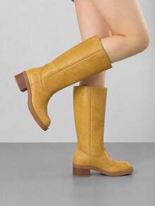 Athlefit Women's Knee-High Boots With Square Toe, Wide Calf, Slip-On Design, Chunky Low Heel Riding Boots - Yellow - View 4