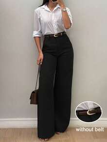 Elegant Women's Black Straight Leg Pants, Autumn With Snap Button And Pocket Design - Black - View 5