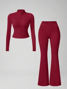 NcmRyu Women's One Set Solid Color Stand Collar Zipper Short Jacket & Criss-Cross V Waist Flare Pants Sports Outfit - Red - View 4