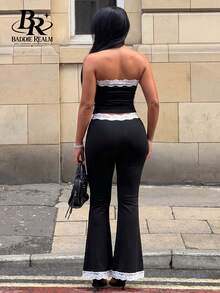 BADDIE REALM Women's Strapless Contrast Lace 2 Pieces Outfit, Black Medium-Stretch Top And Bell Bottom Pants For Sexy - Black - View 5