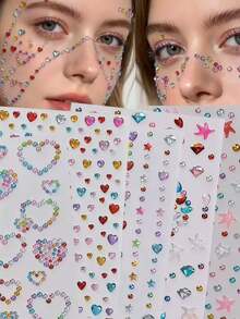 Approx. 700pcs Rainbow 3D Glitter Gem Stickers, 5 Sheets Shiny Heart & Star Shaped Self-Adhesive Rhinestone Diamond Design Stickers, Suitable For Makeup And Clothing, Multi-Color Diamond Face Gems, Perfect For Valentine's Day, Holidays, Parties And Events - Multicolor - View 1