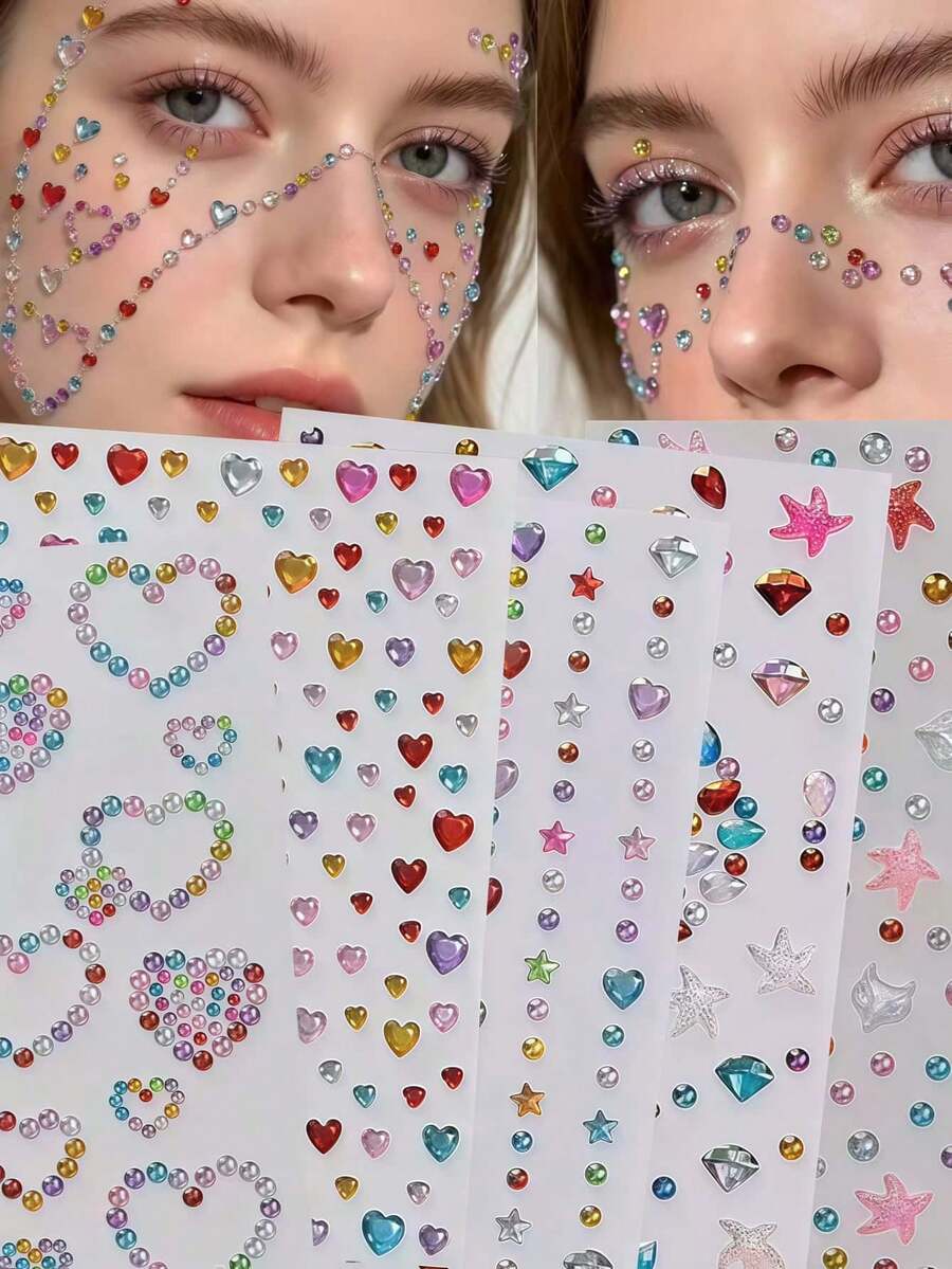 Approx. 700pcs Rainbow 3D Glitter Gem Stickers, 5 Sheets Shiny Heart & Star Shaped Self-Adhesive Rhinestone Diamond Design Stickers, Suitable For Makeup And Clothing, Multi-Color Diamond Face Gems, Perfect For Valentine's Day, Holidays, Parties And Events - Multicolor - View 1