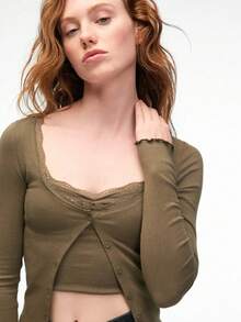 ELVURA Women's Flexible Fabric Lace Detailed Collar Buttoned Blouse And Tank Top Two Pieces Set Khaki Blouse - Khaki - View 2