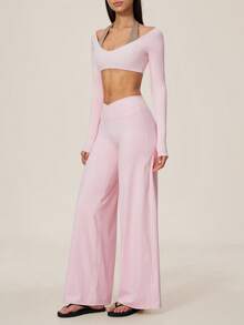 TimeOff Women's One Set Autumn/Winter Colorblock Halter V-Neck 2 In 1 Long Sleeve Cropped Top & Cross V-Waist Wide Leg Pants Yoga Set - Pink - View 8