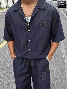 HOMIIE Men's Navy Blue Textured 2-Piece Set, Camp Collar Short Sleeve Shirt + Elastic Waist Wide Leg Pants, Cross Embroidery Casual Street Style - Navy Blue - View 4