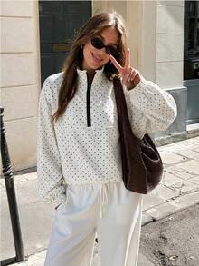 Women's Fashion Half-High Neck Jacket With Pockets, Zipper And Polka Dot Decoration - White - View 6