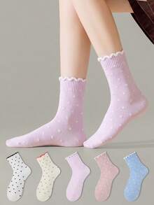 10/5/3/1 Pairs Women's Cherry Color Mid-Calf Socks, Polka Dot Pattern, Suitable For Daily Wear, Simple And Comfortable, Random Color - Multicolor - View 3