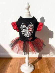 LUCKIE PAL 1pc Halloween Skeleton Print Flutter Sleeve Ruffle Mesh Pet Dress, Elegant Cute Ballet Style Fairy Tutu Dress For Cats And Dogs - Multicolor - View 1
