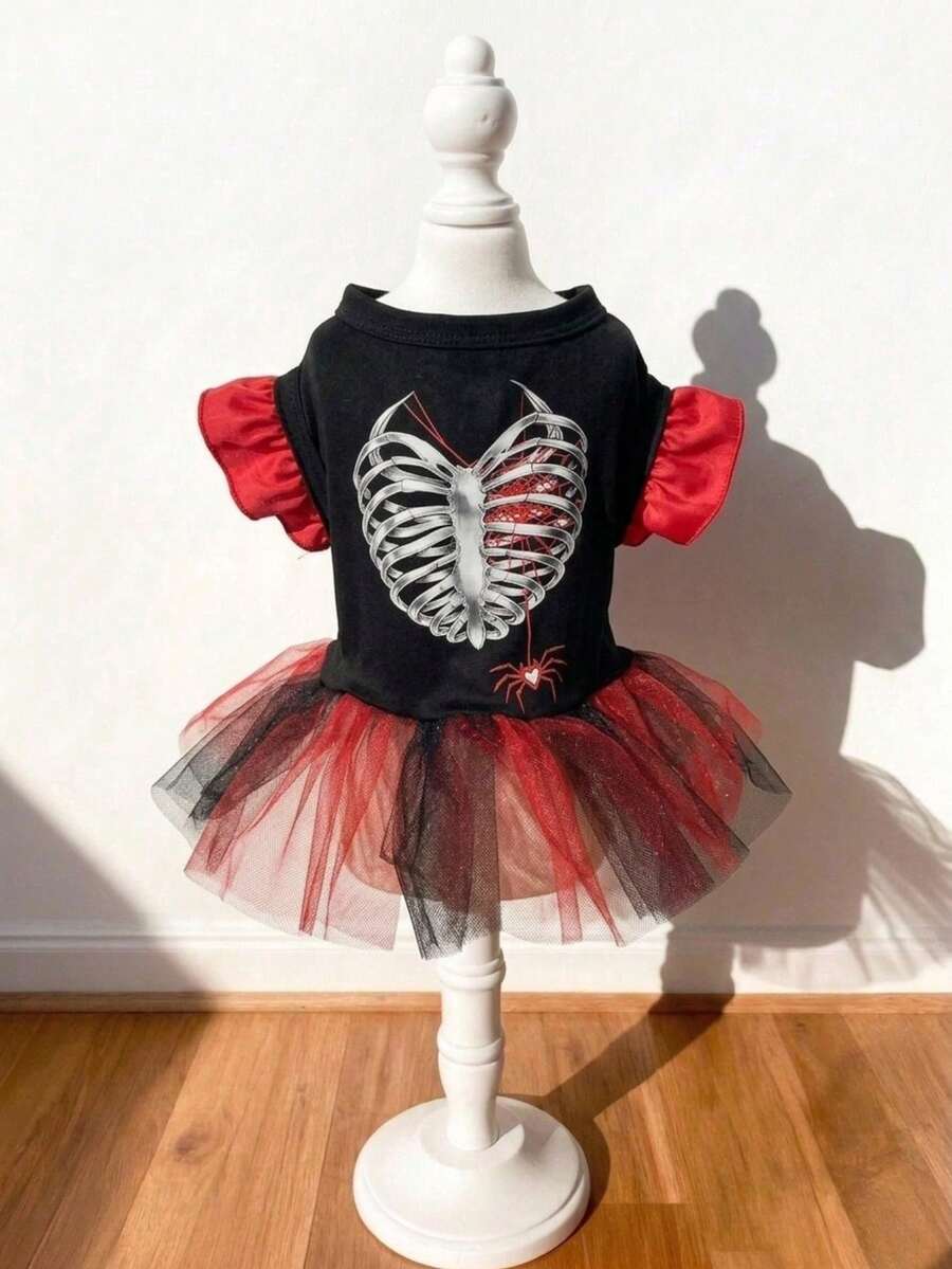 LUCKIE PAL 1pc Halloween Skeleton Print Flutter Sleeve Ruffle Mesh Pet Dress, Elegant Cute Ballet Style Fairy Tutu Dress For Cats And Dogs - Multicolor - View 1