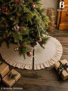 60cm/90cm Beige Farmhouse Style Christmas Tree Skirt With Ruffled Edge, Lace Bow Tree Collar Pad, Rustic Vintage Holiday Tree Base Decor Cover, Christmas Home Decoration - Apricot - View 1